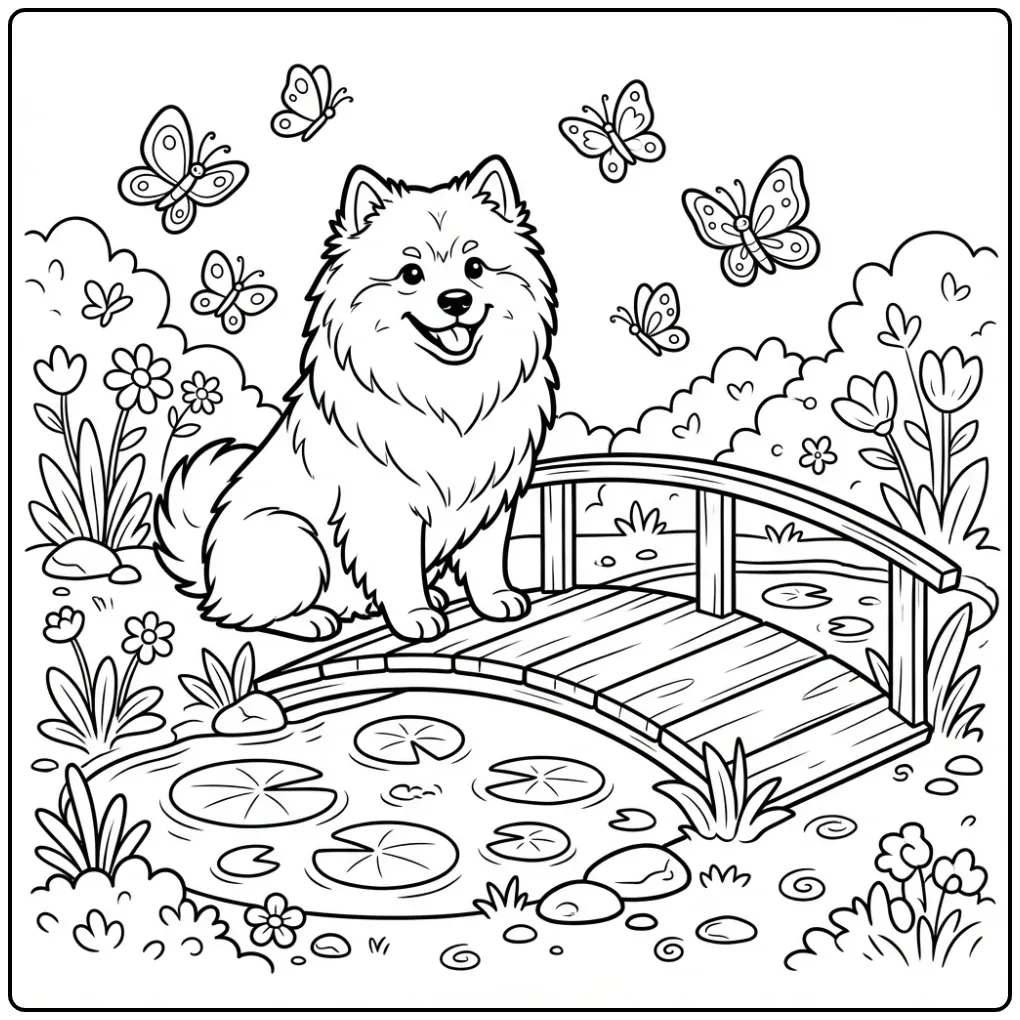 Cute Keeshond with a Small Bridge coloring page