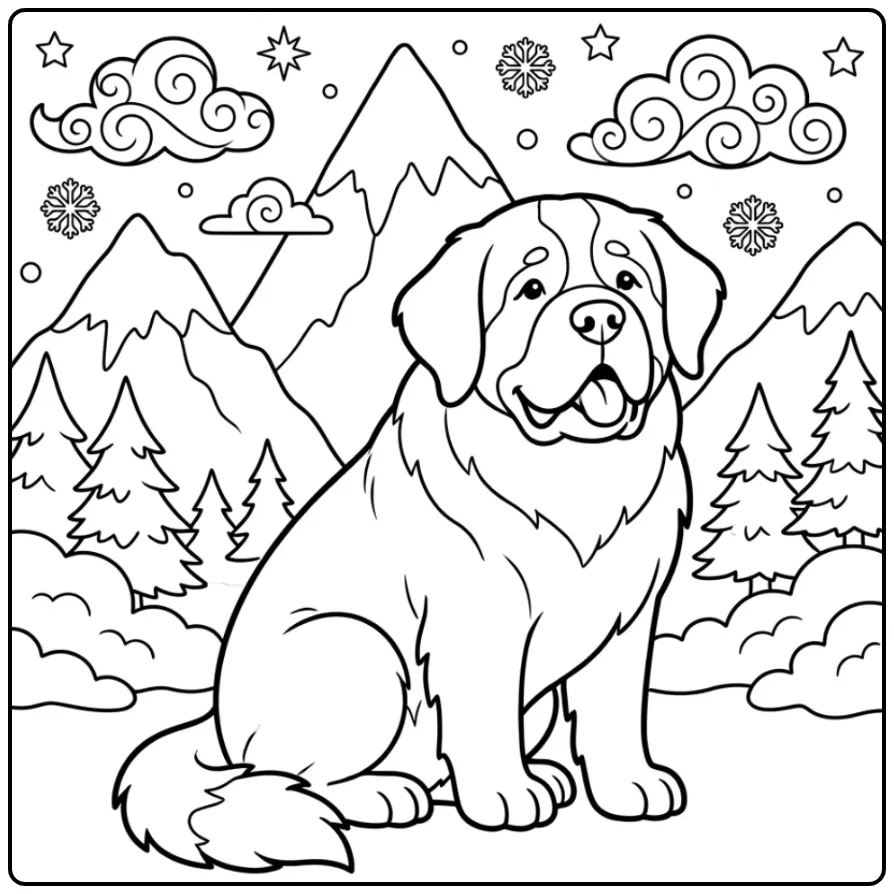 Cute Saint Bernard with Mountains coloring page
