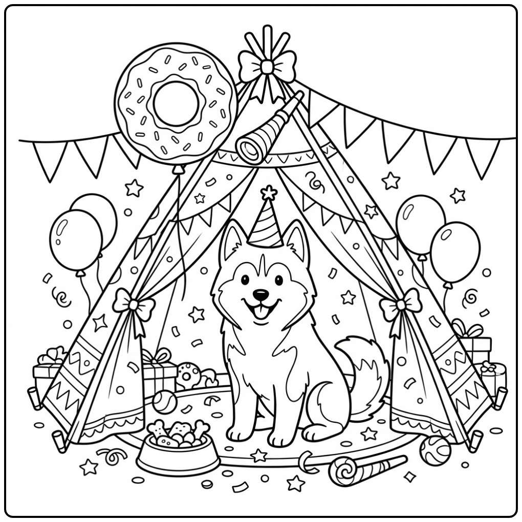 Husky Birthday Dog in a Decorated Party Tent coloring page