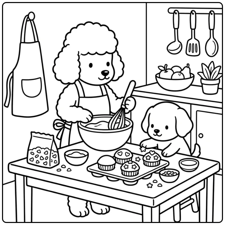 Poodle Mother and Puppy Baking Cupcakes coloring page