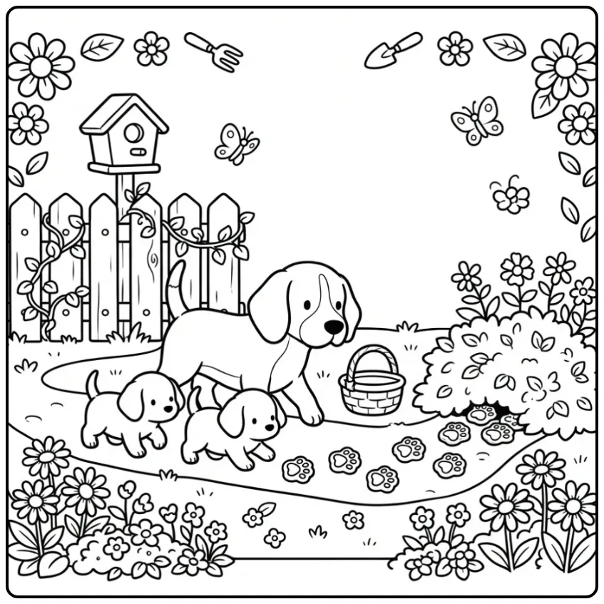 Beagle and Puppies Searching for Treats coloring page