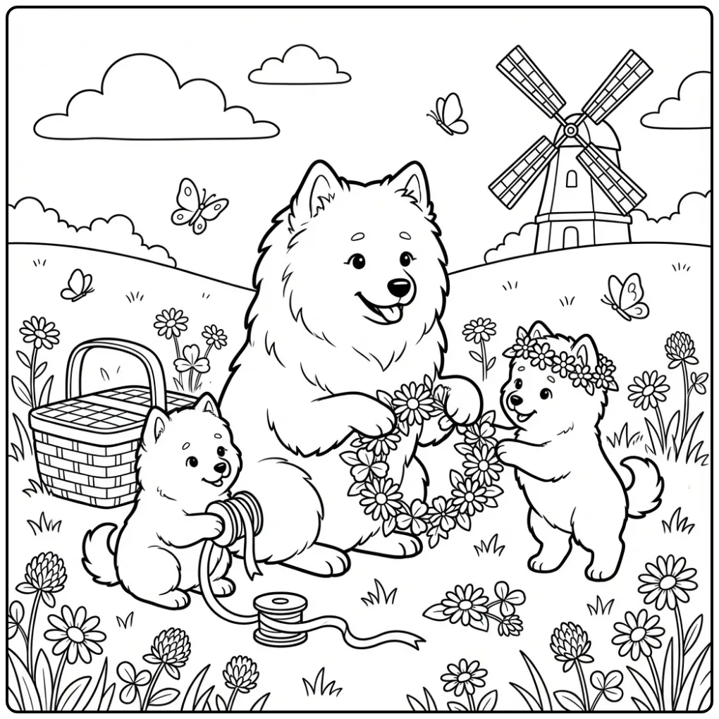 Samoyed Mother Dog and Puppies Making Flower Crowns coloring page