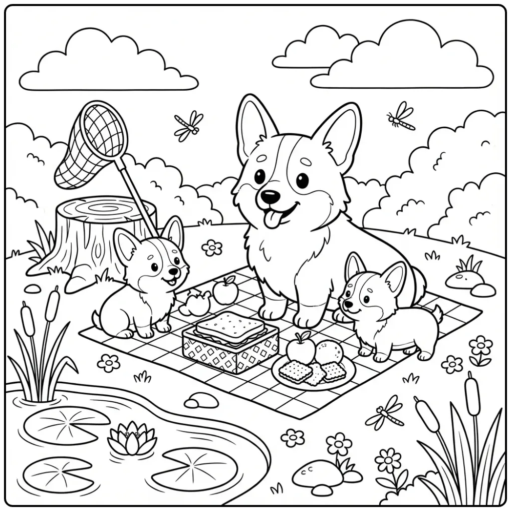 Corgi Family Picnic by the Pond coloring page