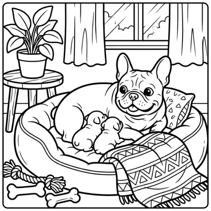 French Bulldog Mother with Puppies in a Basket coloring page