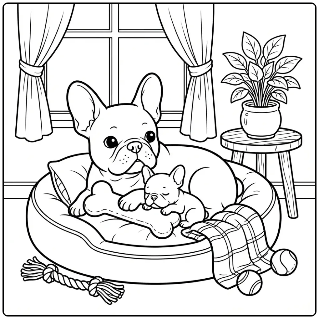 French Bulldog and Puppy Sleeping in a Basket coloring page