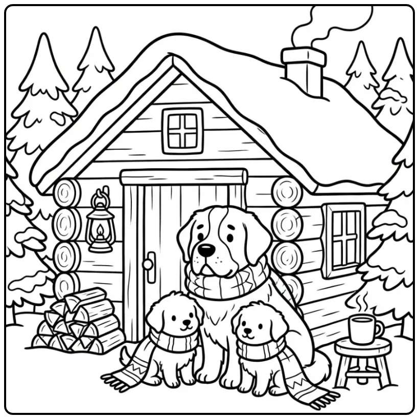 Saint Bernard and Puppies Sharing a Scarf in the Snow coloring page