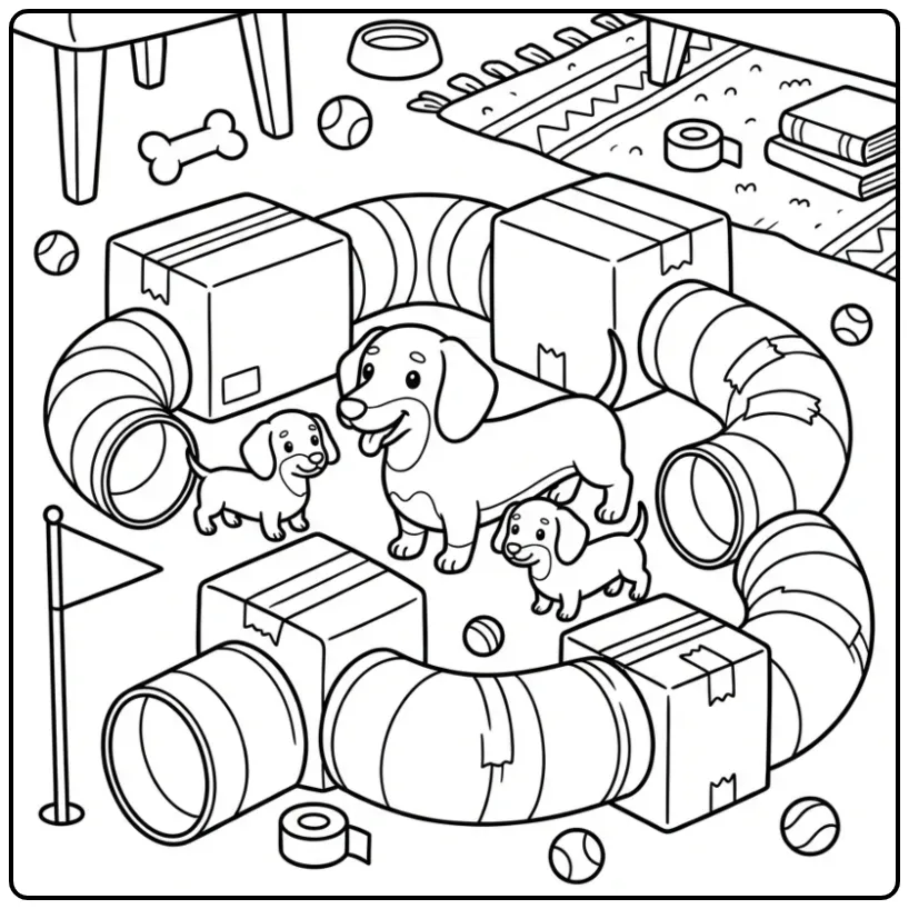 Dachshund and Puppies in a Cardboard Box Maze coloring page