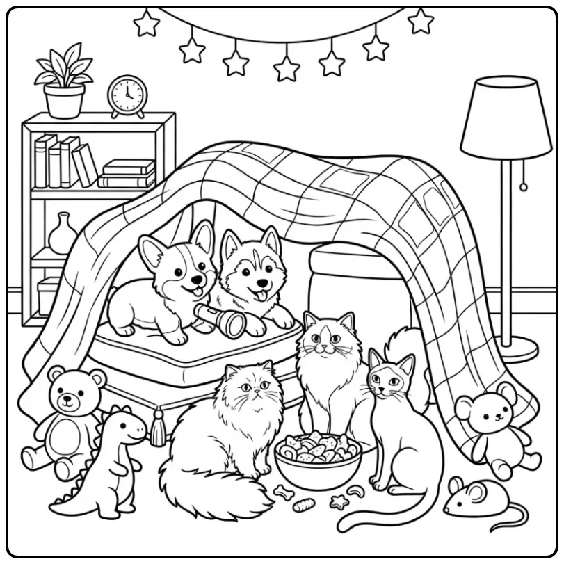 Puppies and Kittens Building a Pillow Fort coloring page