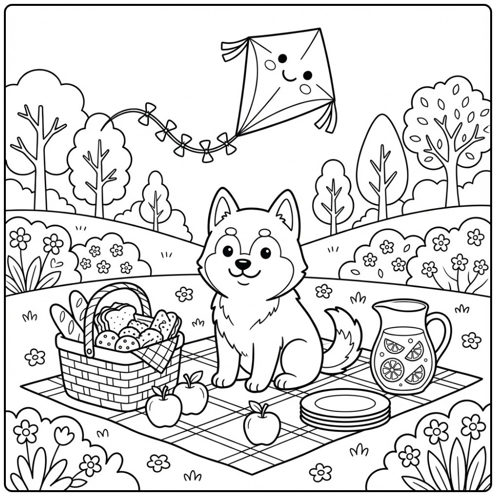 Husky on a Picnic Blanket in the Park coloring page