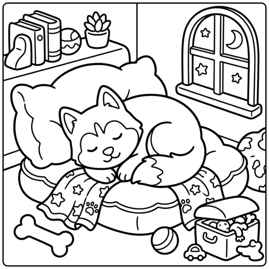 Sleeping Husky Puppy on a Soft Pillow coloring page