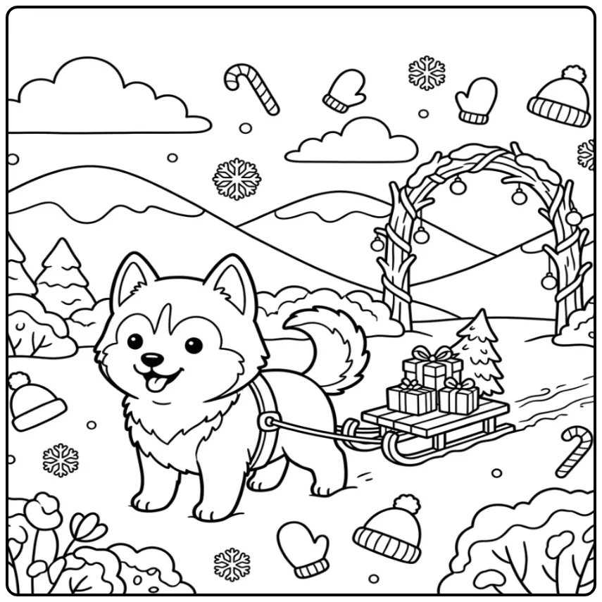 Husky Puppy Pulling a Sled in the Snow coloring page