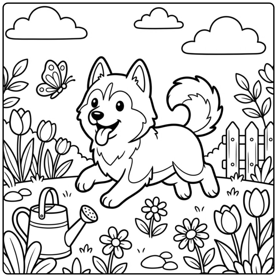 Cute Husky Chasing a Butterfly in the Garden coloring page