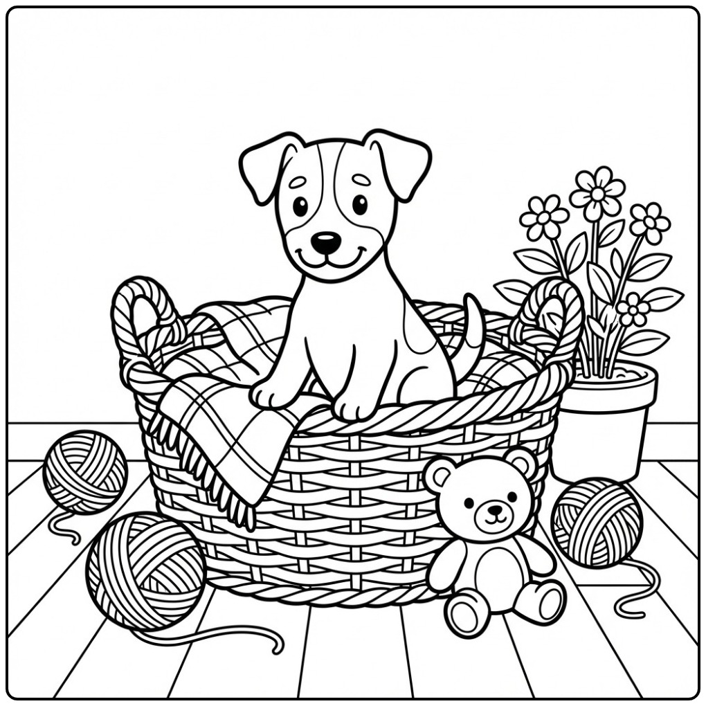 Jack Russell Puppy in a Wicker Basket coloring page