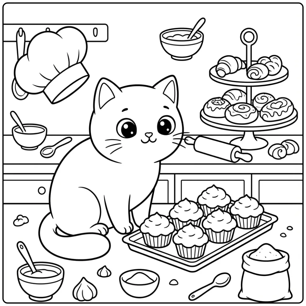 Cat coloring page in a bakery full of treats