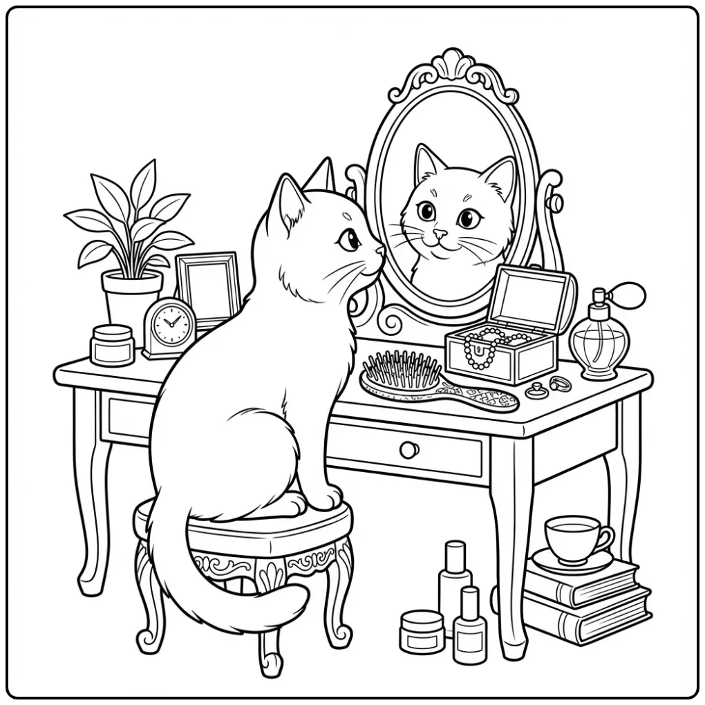 Cat coloring page on a stool in front of a mirror