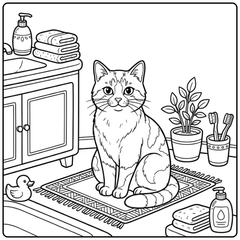 Cat coloring page sitting on a bath mat by the sink