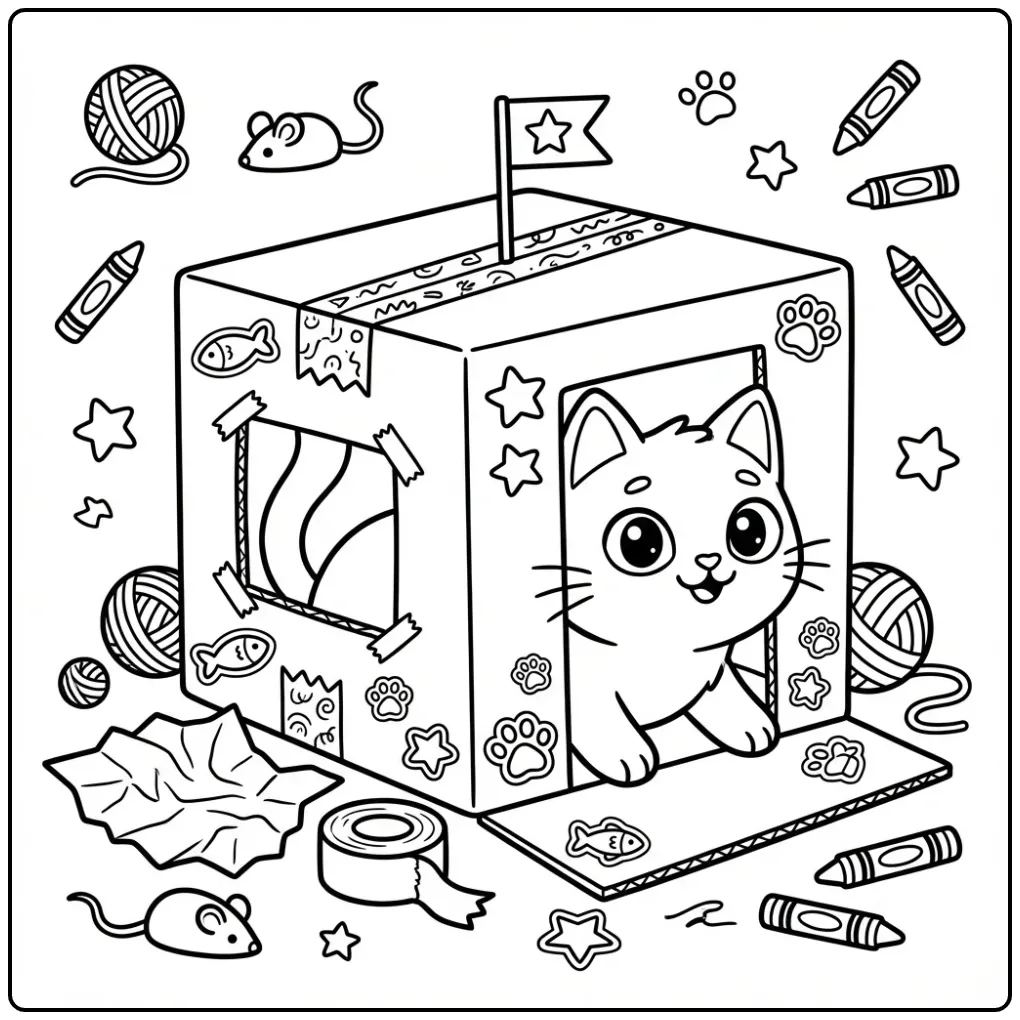 Cat coloring page looking out from a box fort
