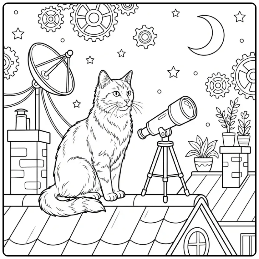 Cat coloring page on a roof with telescope and moon
