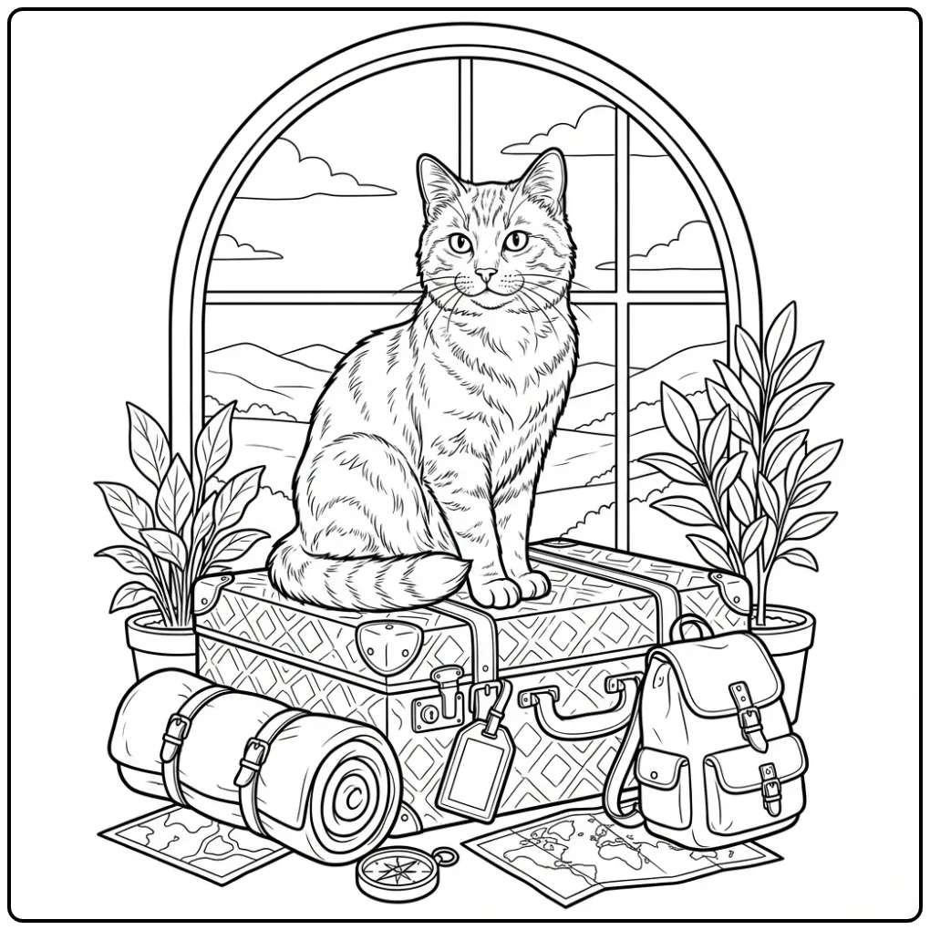 Cat coloring page sitting on a travel suitcase