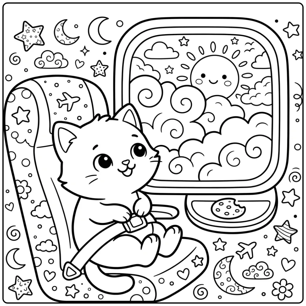 Easy Cat coloring page in an airplane