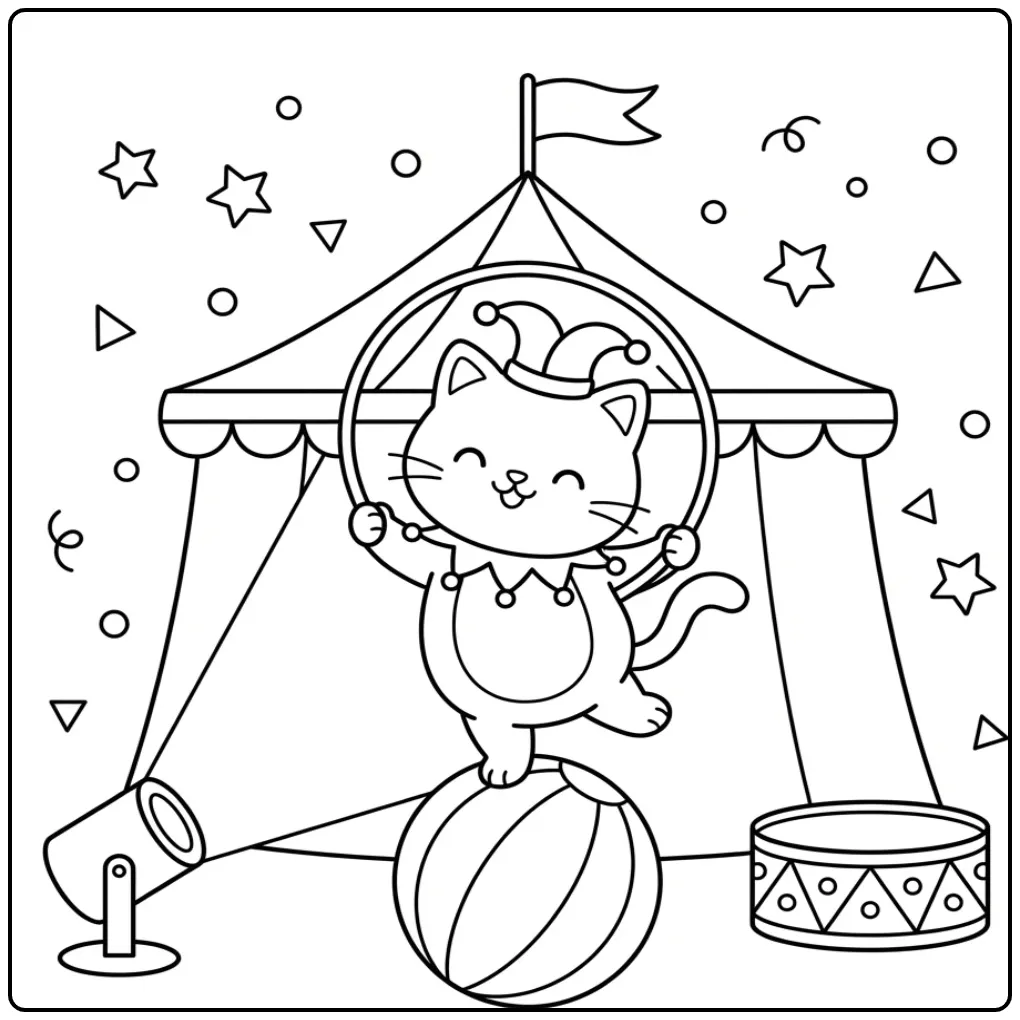 Easy Cat coloring page as a circus performer on a ball