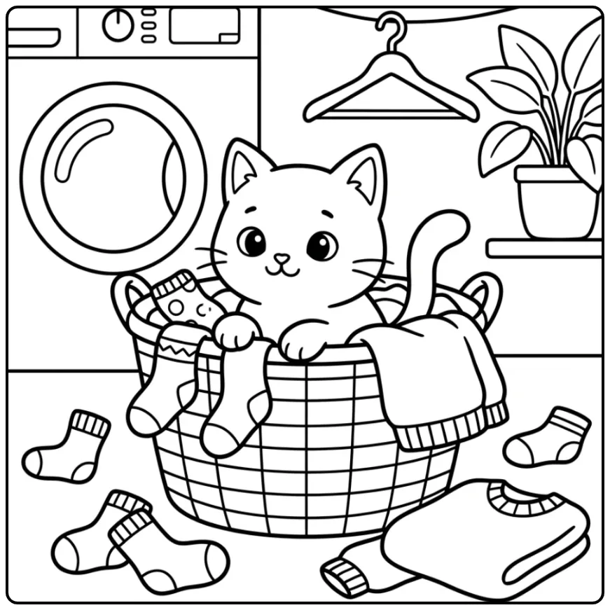 Easy Cat coloring page with a laundry basket
