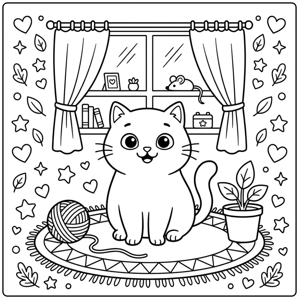 Easy Cat coloring page sitting on a rug