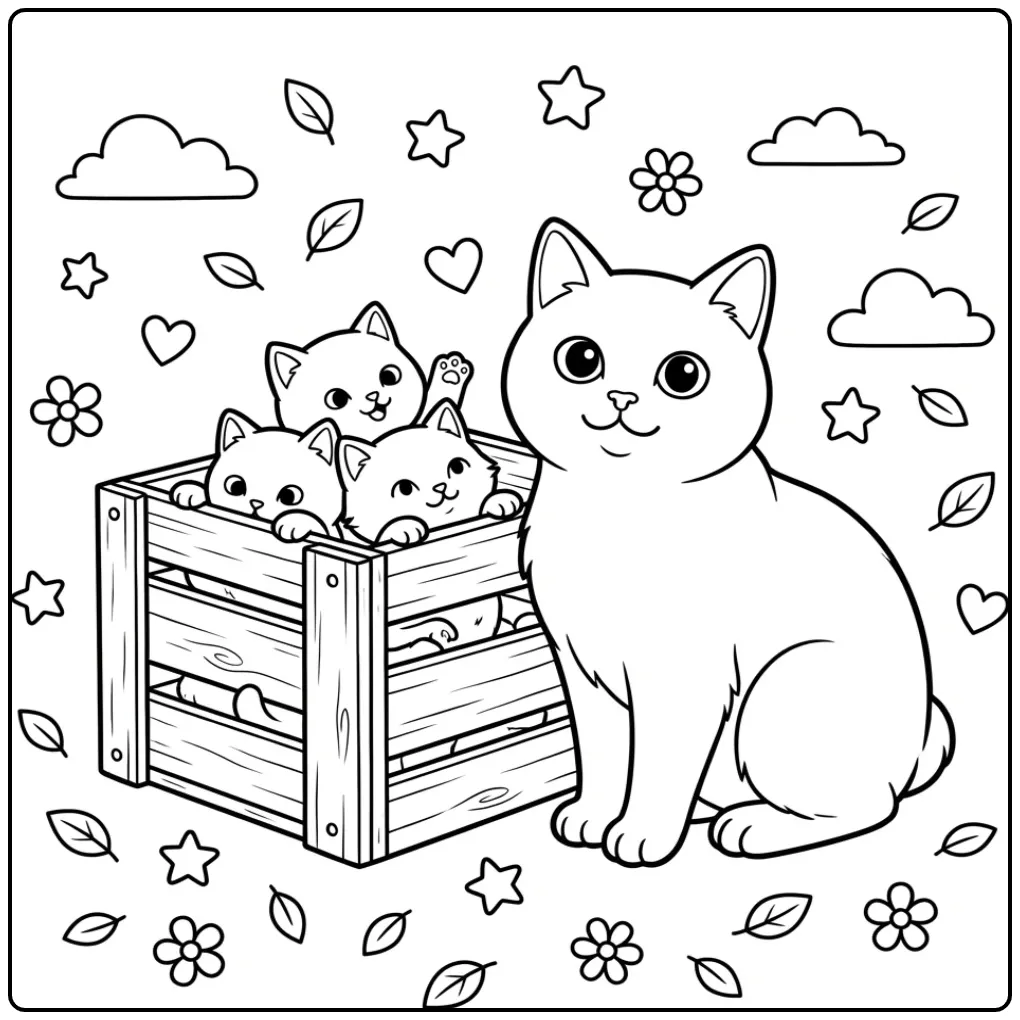 Cute Cat with Kittens and Playful Little Ones coloring page