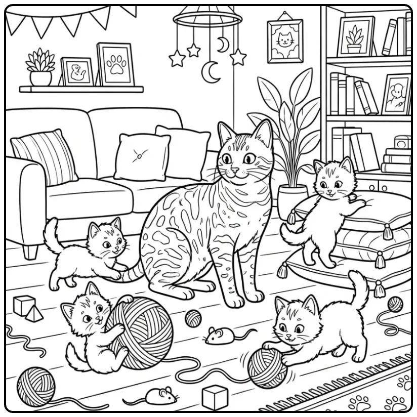 Cute Cat with Kittens and Yarn coloring page