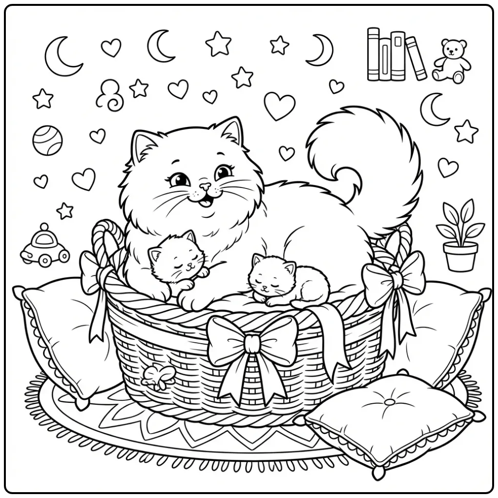 Cute Cat with Kittens in a Soft Basket coloring page
