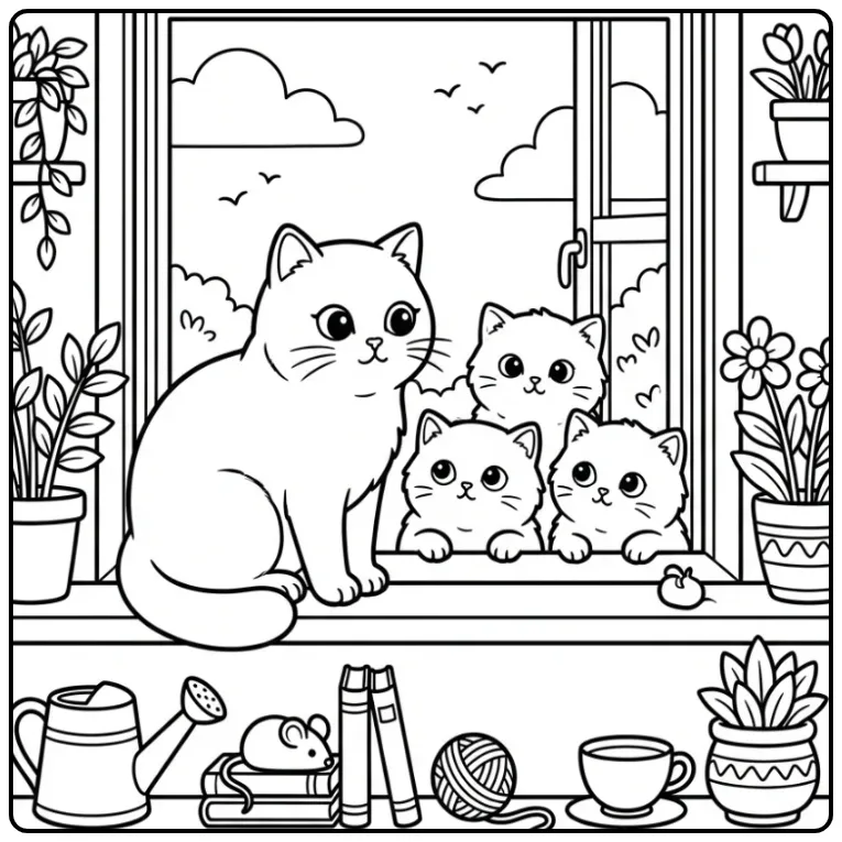 Cute Cat with Kittens on a Windowsill coloring page