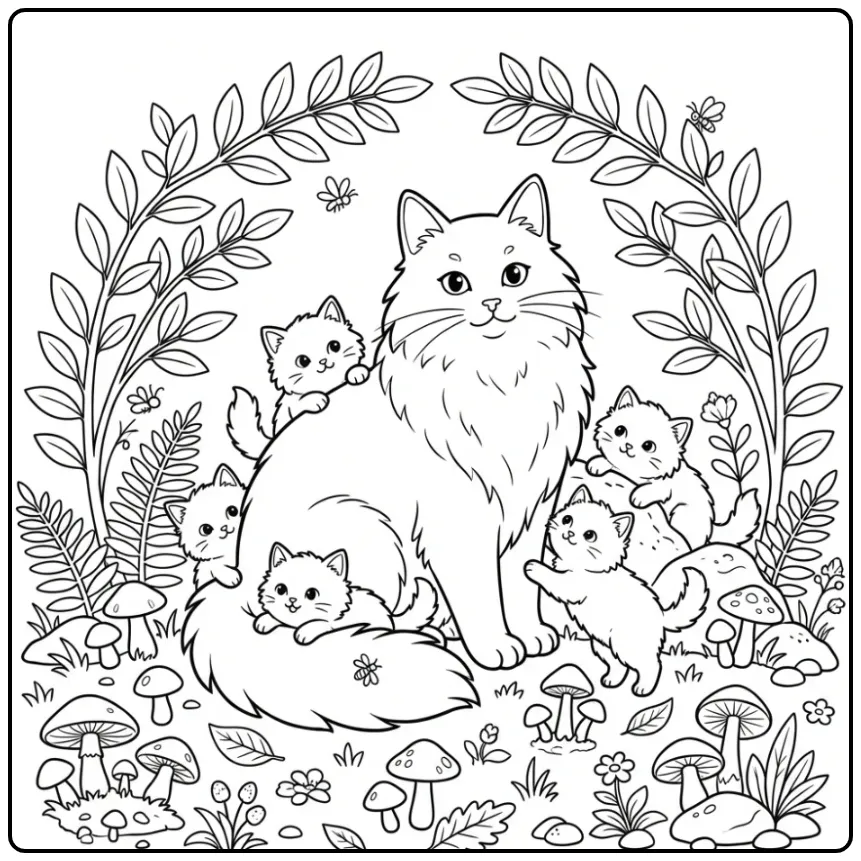 Cute Cat with Kittens Among Leaves coloring page