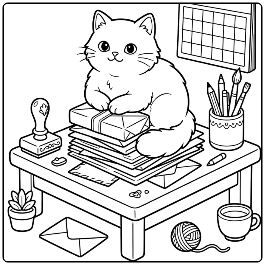 Cat coloring page sitting on envelopes and mail