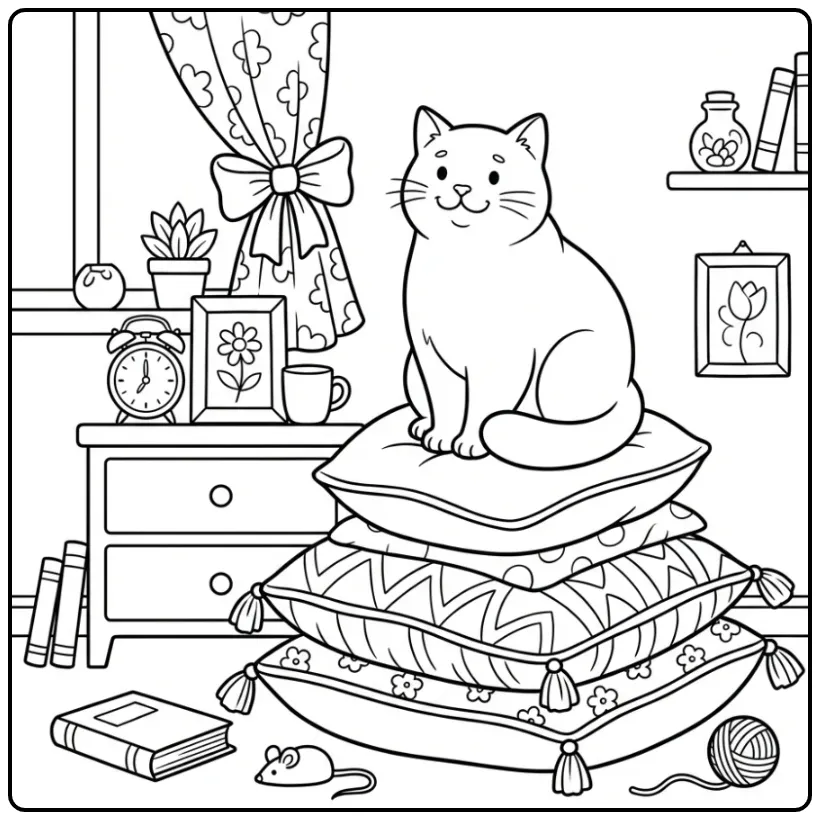 Cat coloring page sitting on soft pillows
