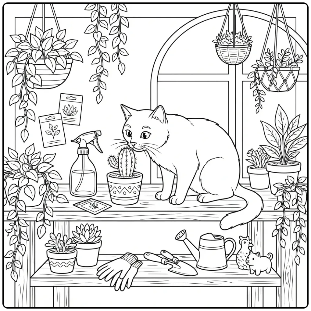 Cat coloring page among plants in a greenhouse