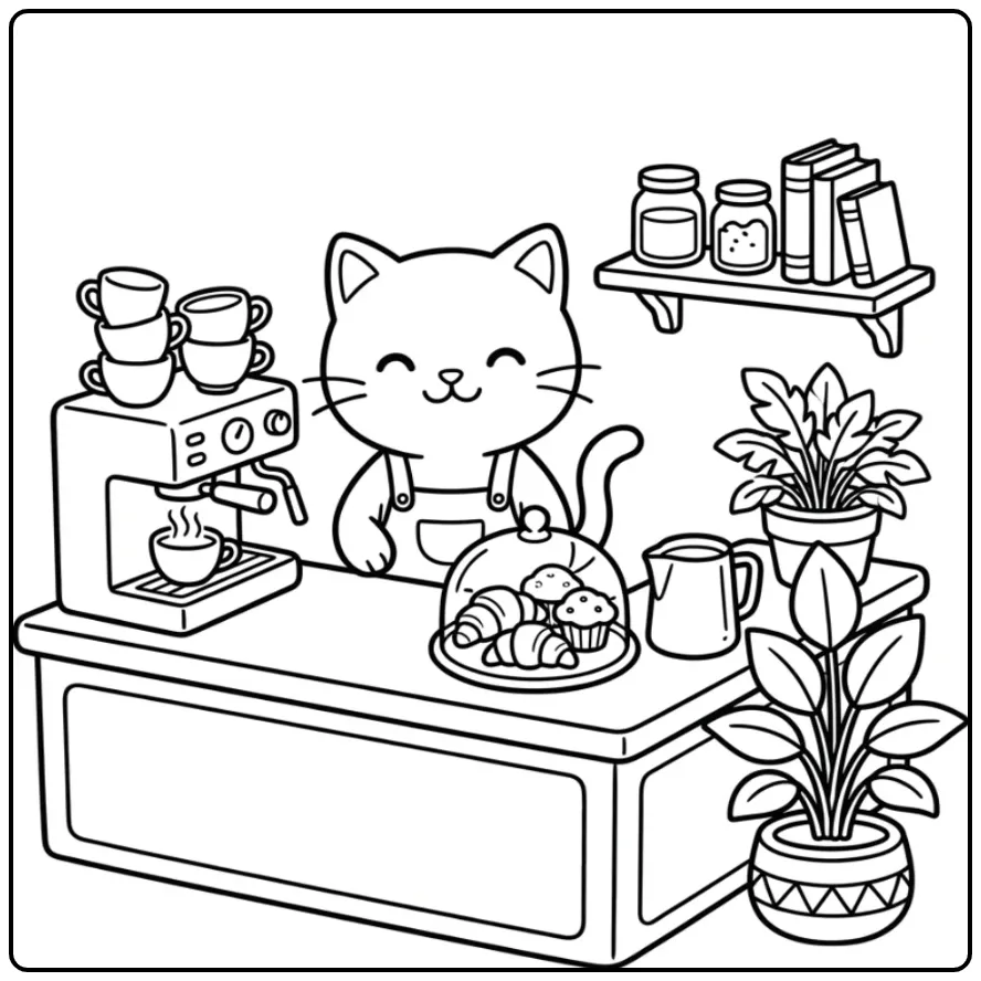 Adult Cat coloring page barista with coffee