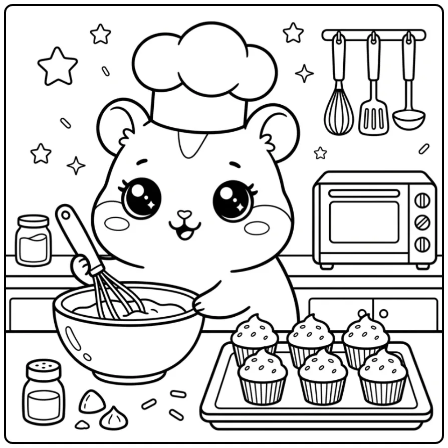 Kawaii Hamster coloring page baking cupcakes