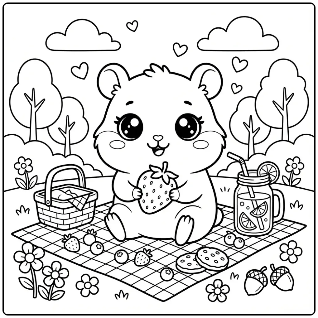 Kawaii Hamster coloring page on a blanket with fruit