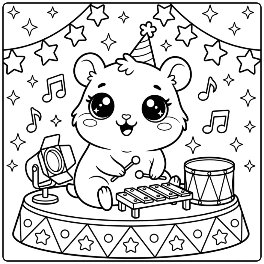 Kawaii Hamster coloring page with a small xylophone