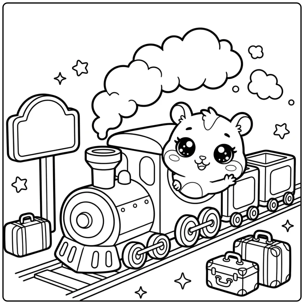 Kawaii Hamster coloring page in a toy train