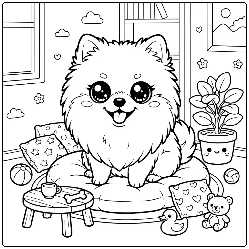 Cute Kawaii Dog in a Cozy Room coloring page