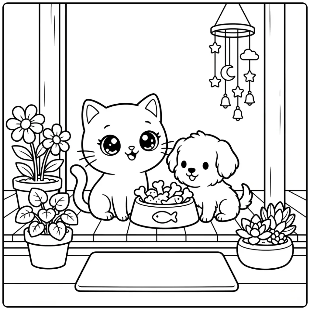 Kawaii Cat coloring page with puppy sharing cookies