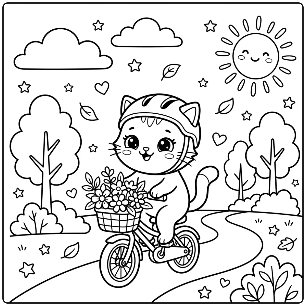 Kawaii Cat coloring page on a bike with flowers