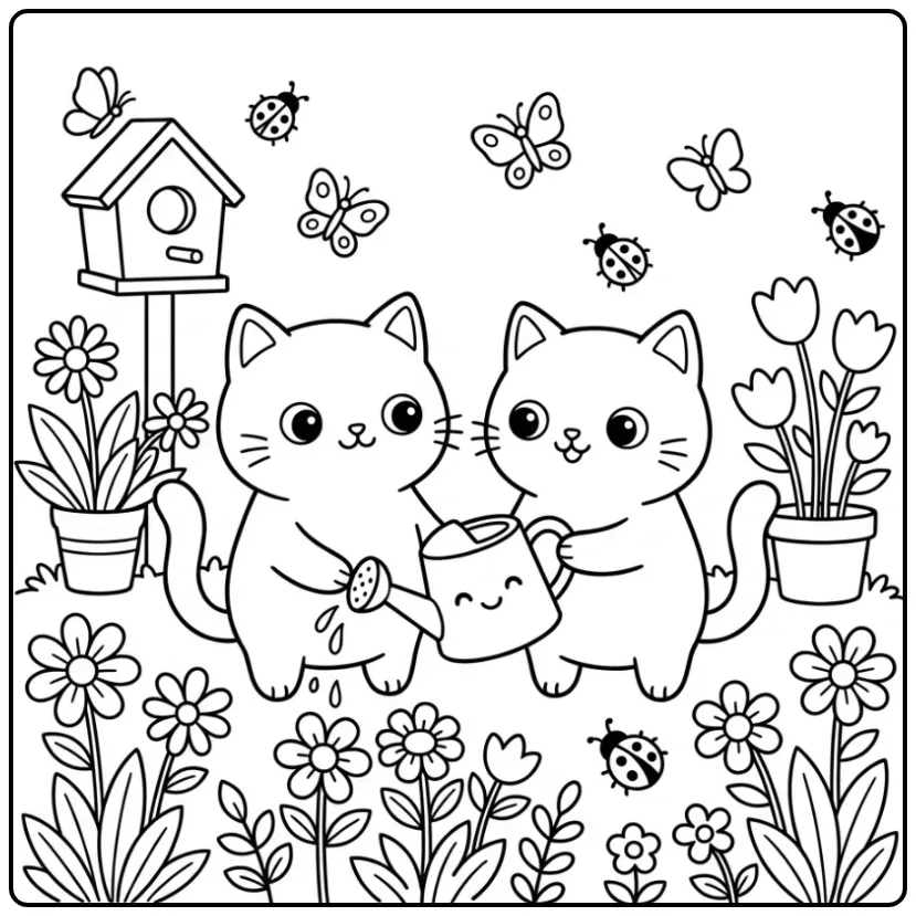 Kawaii Cat coloring page watering flowers
