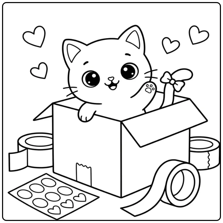 Kawaii Cat coloring page waving in a box