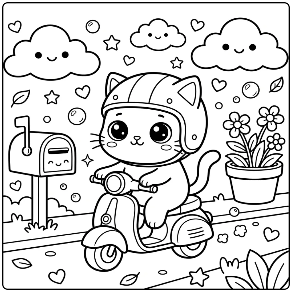 Kawaii Cat coloring page on a scooter with helmet
