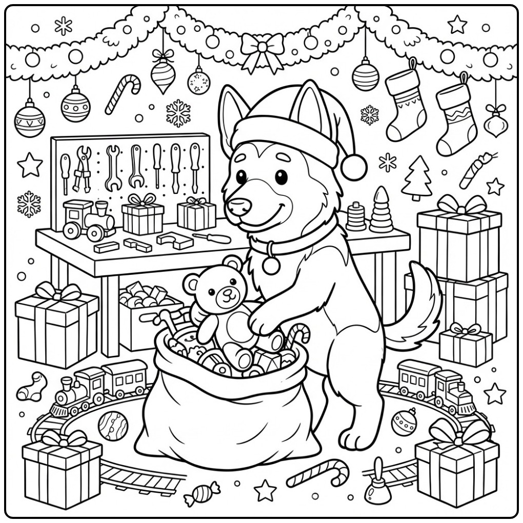 German Shepherd Christmas Dog in Santa's Workshop coloring page