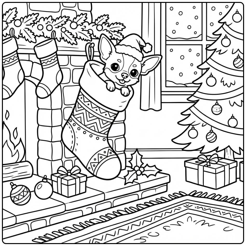 Chihuahua Christmas Dog Peeking from a Stocking coloring page