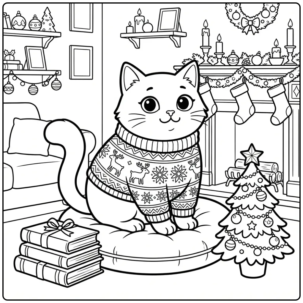 Christmas Cat coloring page with sweater on a cushion