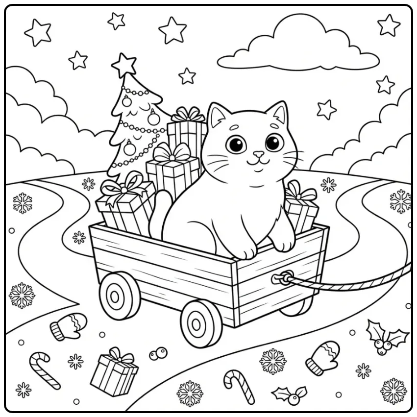 Christmas Cat coloring page among packages and snow